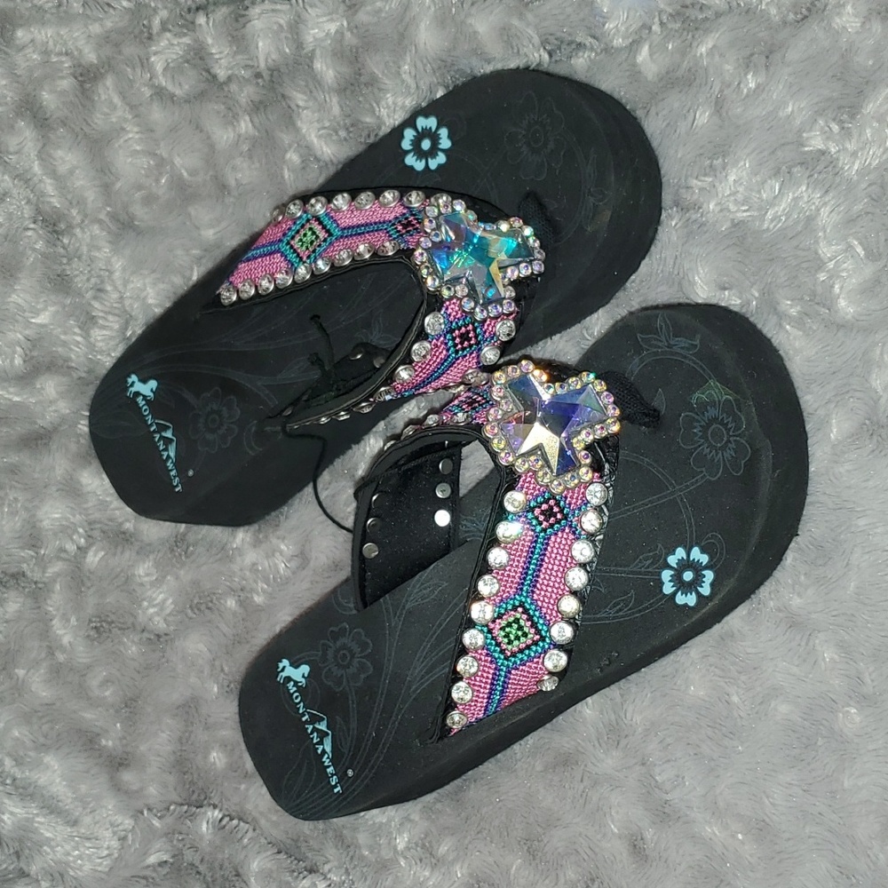 Montana West Rhinestone Cross Southwestern Print Wedge Flip Flop Sandal